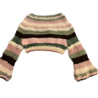 a crocheted sweater with pink, green, and brown stripes